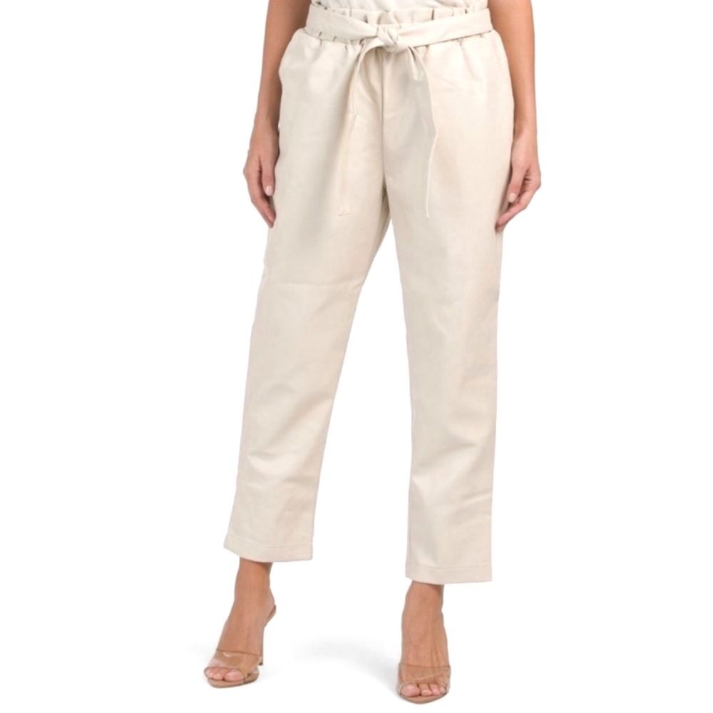 NWT Bagatelle Faux Leather Pants in Natural Cream Size Small Tie Waist Neutral